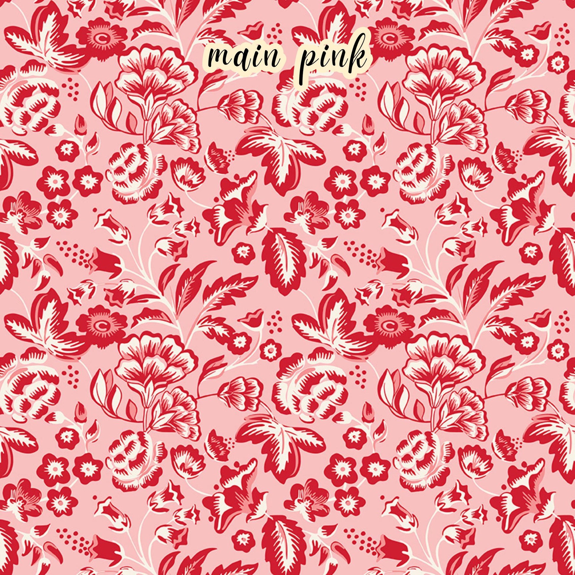 fabric collection Letters to Cupid,100% cotton,. the Main pink pattern is one of the signature prints featuring an allover romantic red and white floral pattern on a pink background