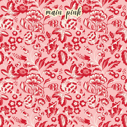 fabric collection Letters to Cupid,100% cotton,. the Main pink pattern is one of the signature prints featuring an allover romantic red and white floral pattern on a pink background