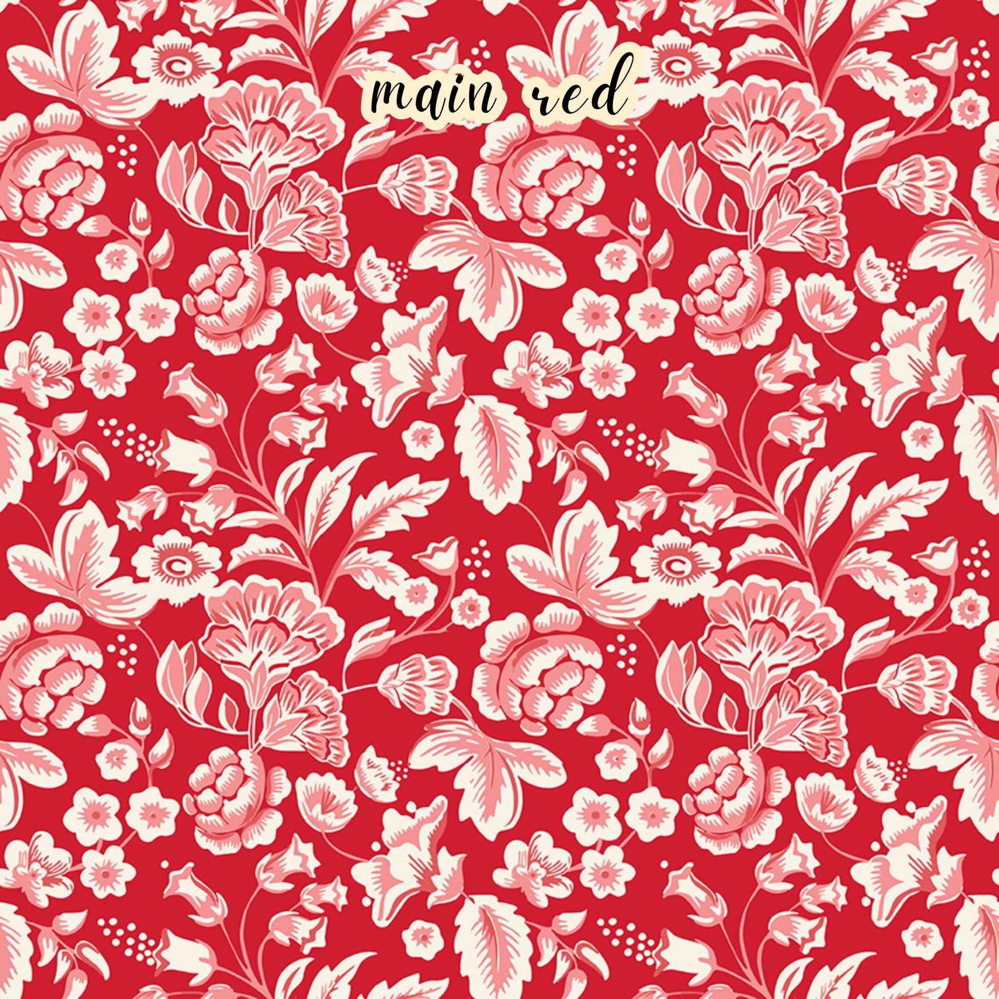 fabric collection Letters to Cupid,100% cotton,. the Main red pattern is one of the signature prints featuring an allover romantic white and pink floral pattern on a red background