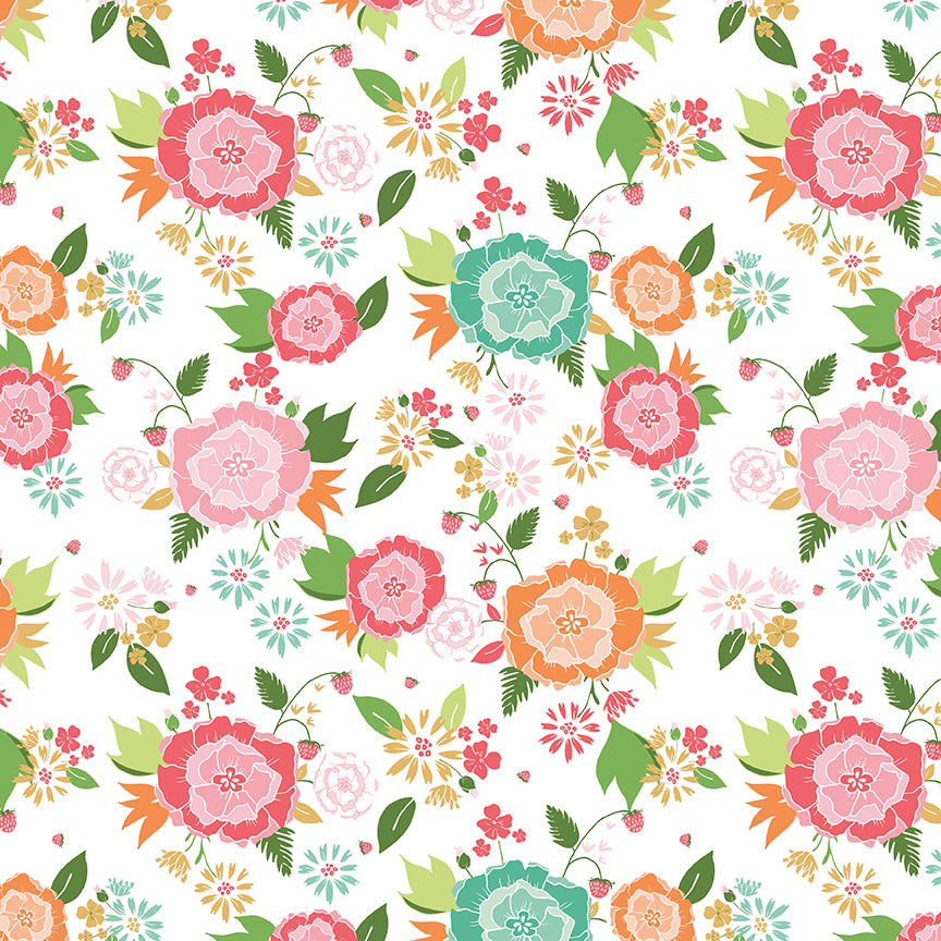 Fabric Pattern Main, backgrounds  White & Aqua are The signature print of the collection, featuring a delightful, whimsical summer posies and sprawling flowers. The Summer Skies and Fireflies Collection by Gracey Larson for Riley Blake Designs is inspired by nostalgic, warm summer evenings. The fabric line captures the charm of twinkling stars, picnic lunches, and fireflies dancing at dusk 