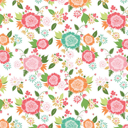 Fabric Pattern Main, backgrounds  White & Aqua are The signature print of the collection, featuring a delightful, whimsical summer posies and sprawling flowers. The Summer Skies and Fireflies Collection by Gracey Larson for Riley Blake Designs is inspired by nostalgic, warm summer evenings. The fabric line captures the charm of twinkling stars, picnic lunches, and fireflies dancing at dusk 