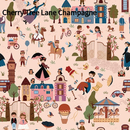 cotton fabric spoonful of sugar collection this pattern features a champagne background with illustrations of houses, people, and animals as on Cherry Tree Lane. The design includes a carousel, hot air balloon, and a double-decker bus.