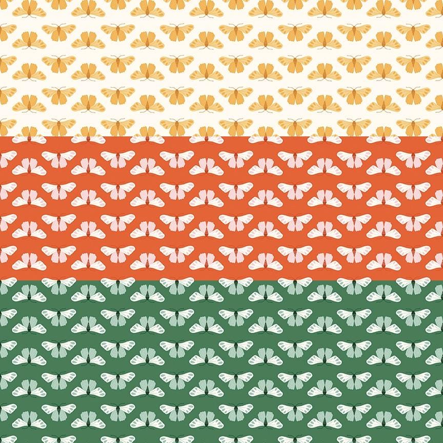 fabric collection meadow moments 3 Pattern of butterflies in orange, white, and green on white rust and green colored backgrounds