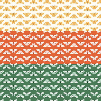 fabric collection meadow moments 3 Pattern of butterflies in orange, white, and green on white rust and green colored backgrounds