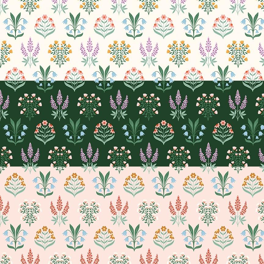 cotton fabric meadow moments collection three patterns with floral bouquets in different colors on a white , green and pink background
