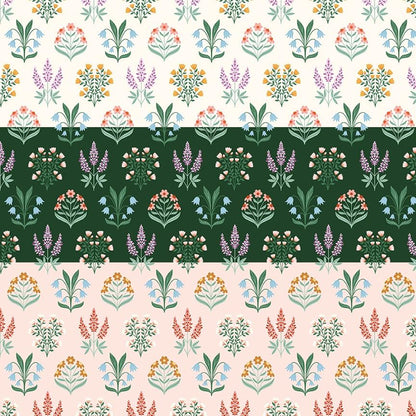 cotton fabric meadow moments collection three patterns with floral bouquets in different colors on a white , green and pink background