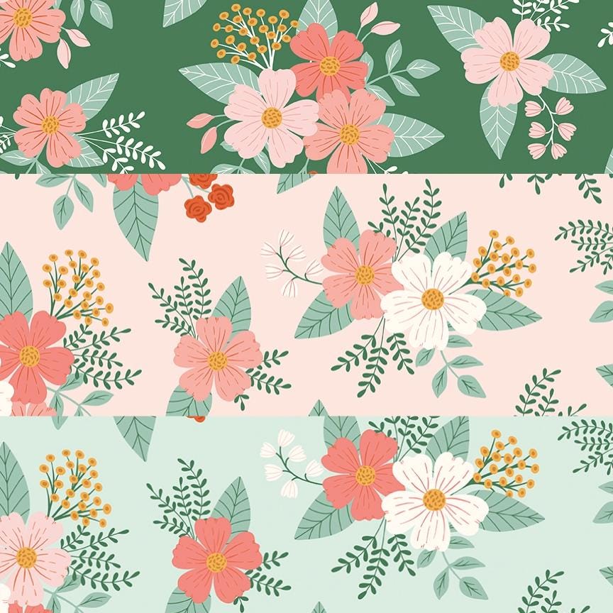cotton fabric meadow moments collection Three floral patterns with pink, white, and green flowers on a green, pink, and light blue /green background.