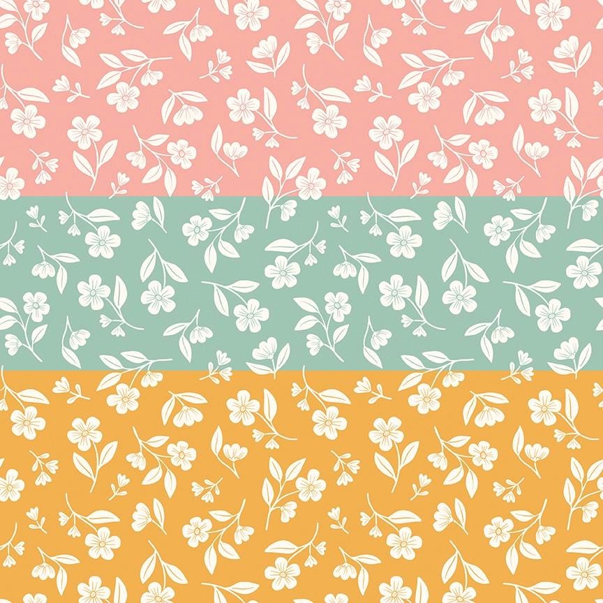 cotton fabric meadow moments collection three patterns with flowers and leaves on green yellow and pink  backgrounds
