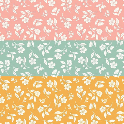 cotton fabric meadow moments collection three patterns with flowers and leaves on green yellow and pink  backgrounds
