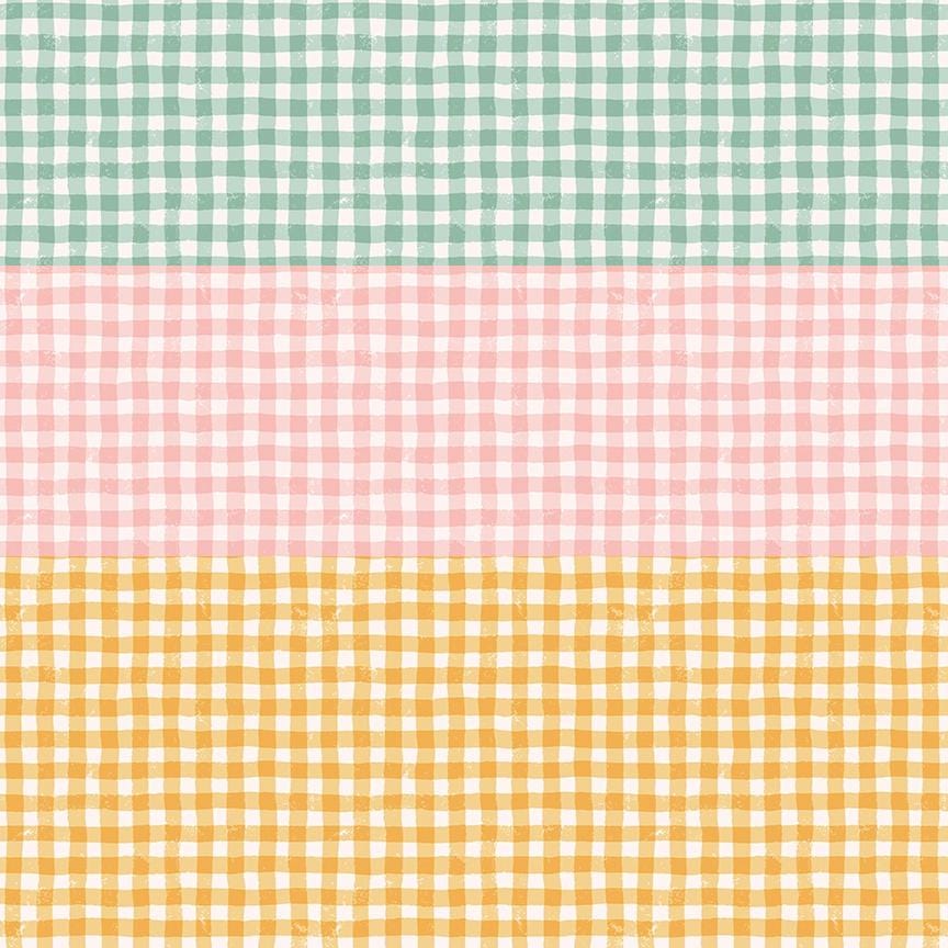 cotton fabric collection meadow moments 3 gingham patterns in green pink and yellow