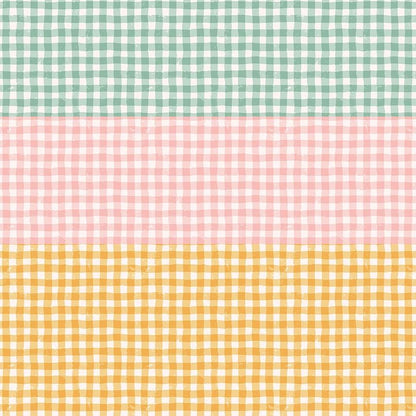 cotton fabric collection meadow moments 3 gingham patterns in green pink and yellow