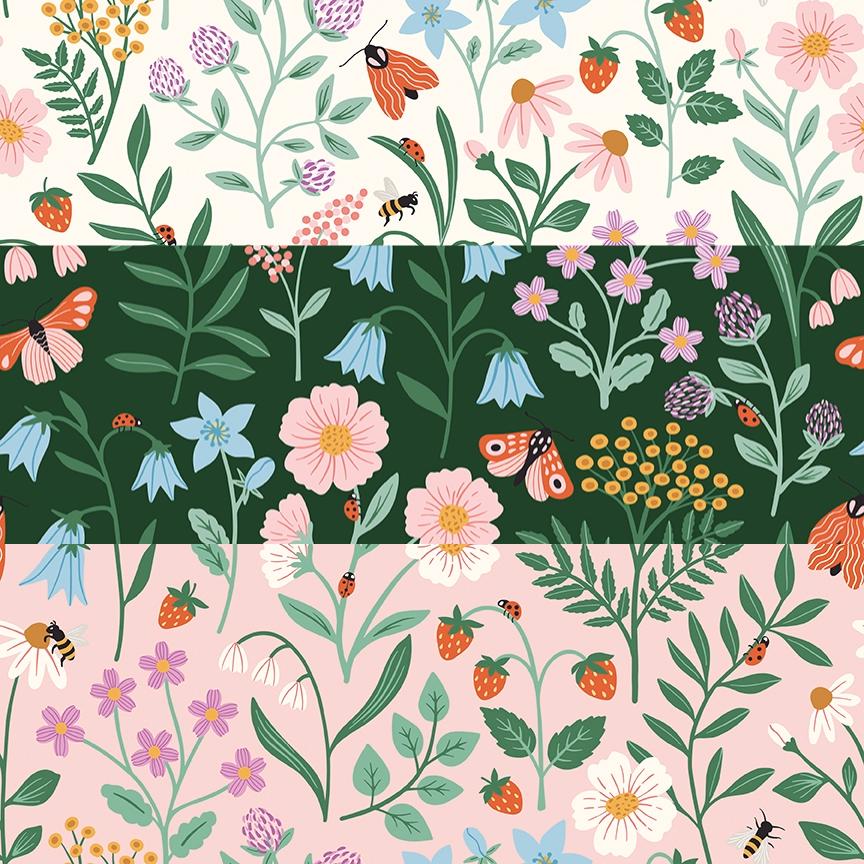 cotton fabric meadow moments collection patterns m3 main floral patterns of flowers, leaves, and insects on three different backgrounds white green and pink