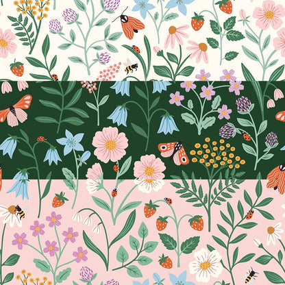 cotton fabric meadow moments collection patterns m3 main floral patterns of flowers, leaves, and insects on three different backgrounds white green and pink