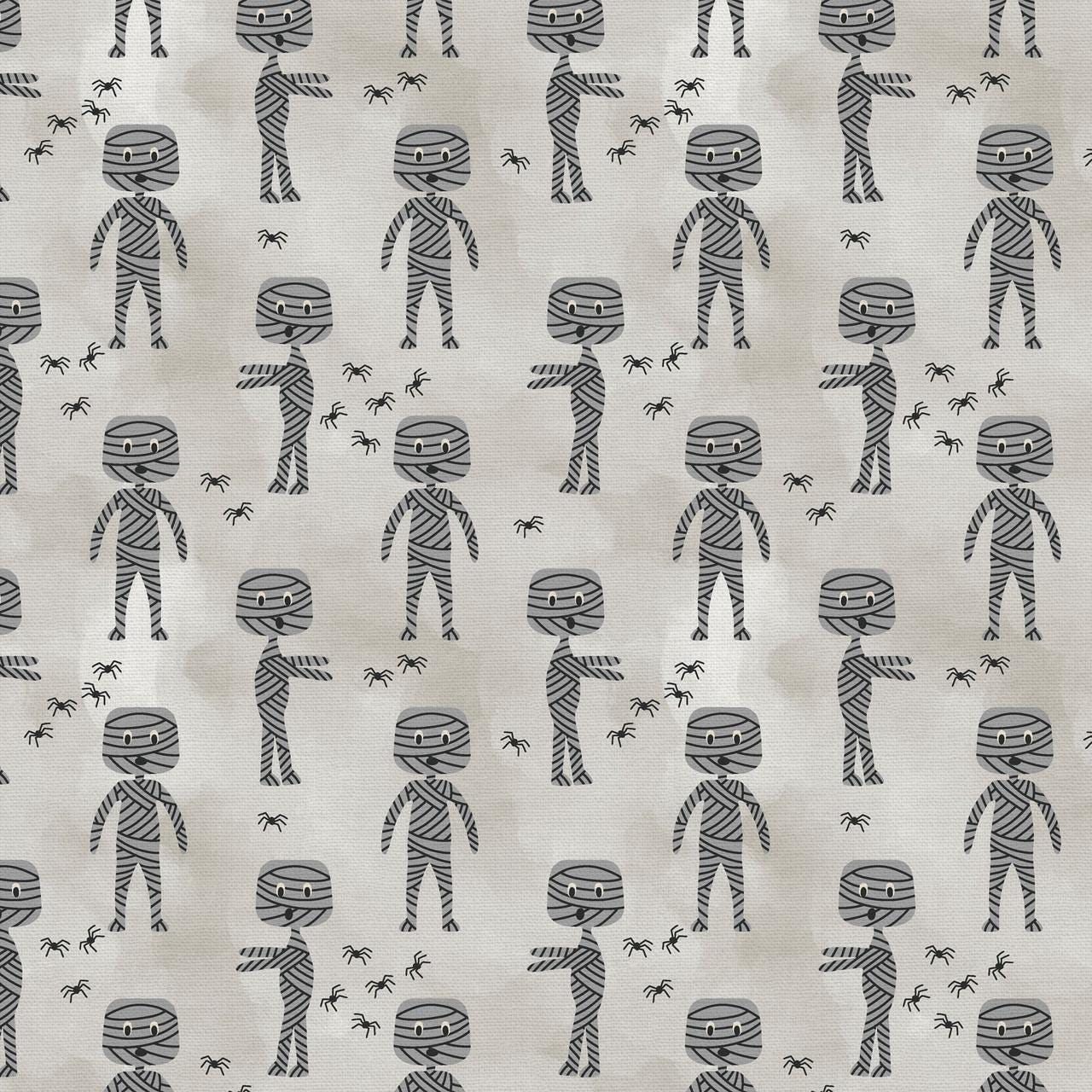 Tricks and Treat 100 cotton fabric collection, this pattern is Mummy Walk: Features cute, wrapped mummies walking together, adding to the playful Halloween theme. The collection is designed in a style that is "spooky but sweet" and is printed on 100% premium cotton, making it suitable for quilts and crafty Halloween projects.