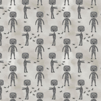 Tricks and Treat 100 cotton fabric collection, this pattern is Mummy Walk: Features cute, wrapped mummies walking together, adding to the playful Halloween theme. The collection is designed in a style that is "spooky but sweet" and is printed on 100% premium cotton, making it suitable for quilts and crafty Halloween projects.