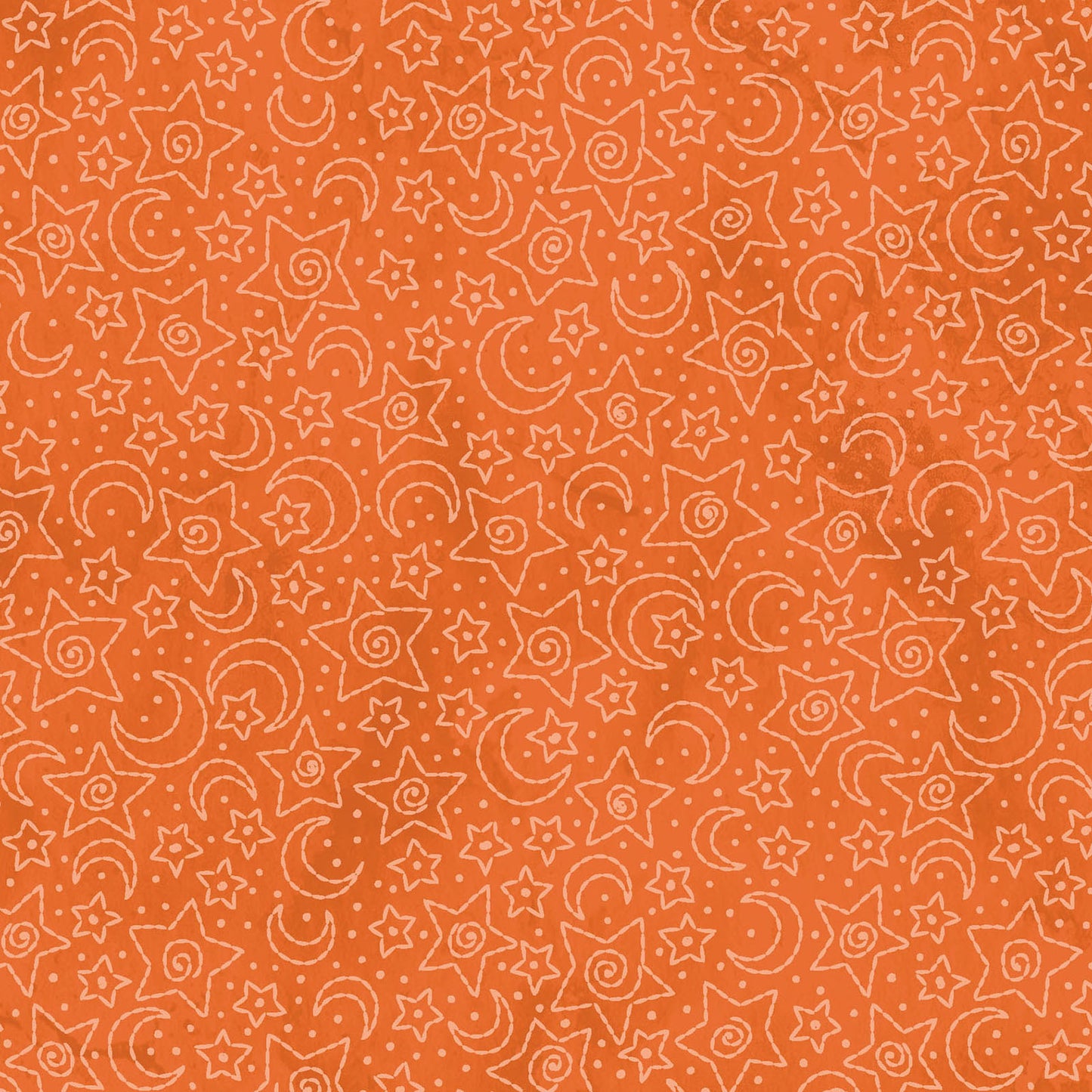 Image of fabric pattern Stars & Moons orange: Celestial pattern with stars and moons on a mottled background pattern from the Halloween fabric collection Spooky Stiches from Maywood Studios