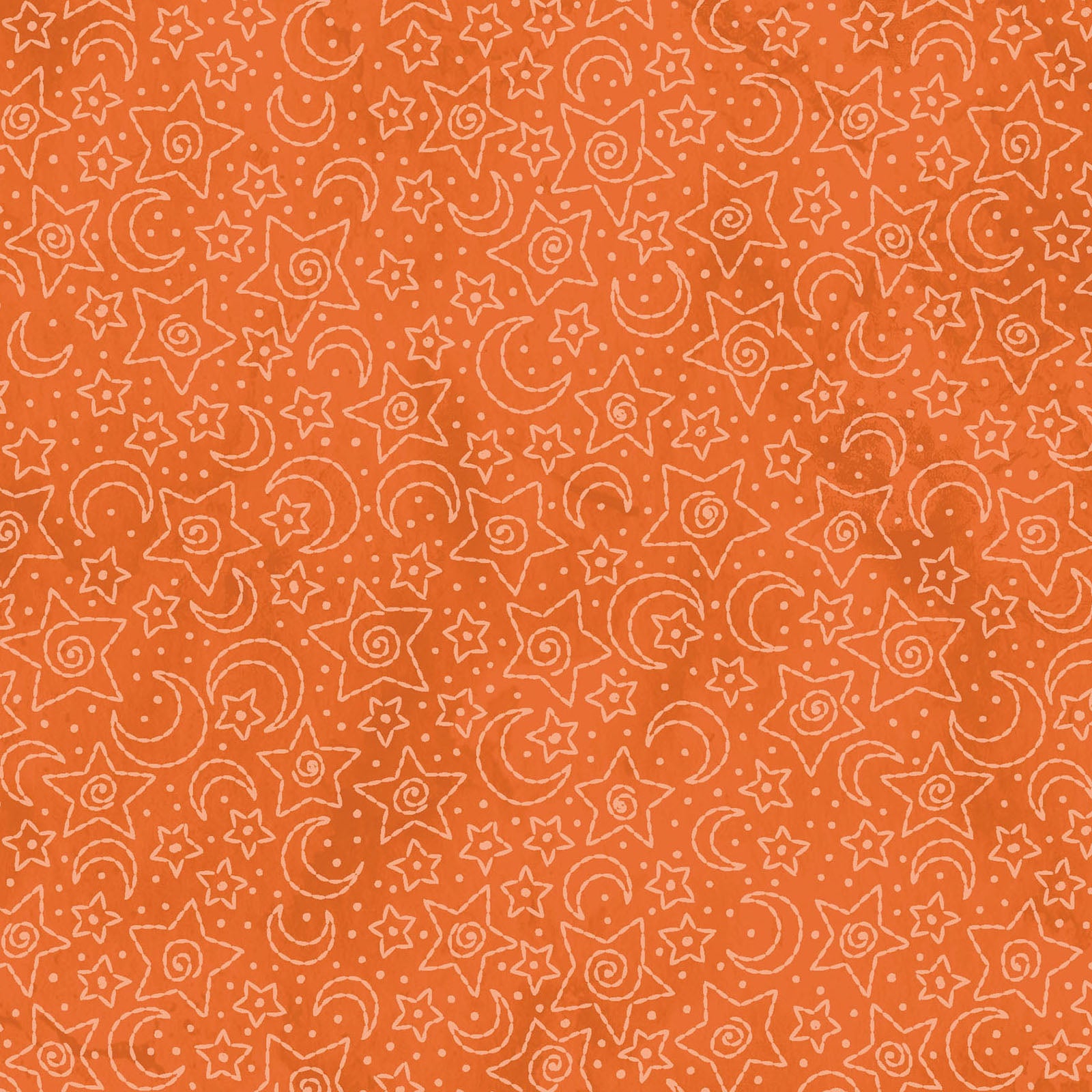 Image of fabric pattern Stars & Moons orange: Celestial pattern with stars and moons on a mottled background pattern from the Halloween fabric collection Spooky Stiches from Maywood Studios