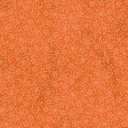Image of fabric pattern Stars & Moons orange: Celestial pattern with stars and moons on a mottled background pattern from the Halloween fabric collection Spooky Stiches from Maywood Studios