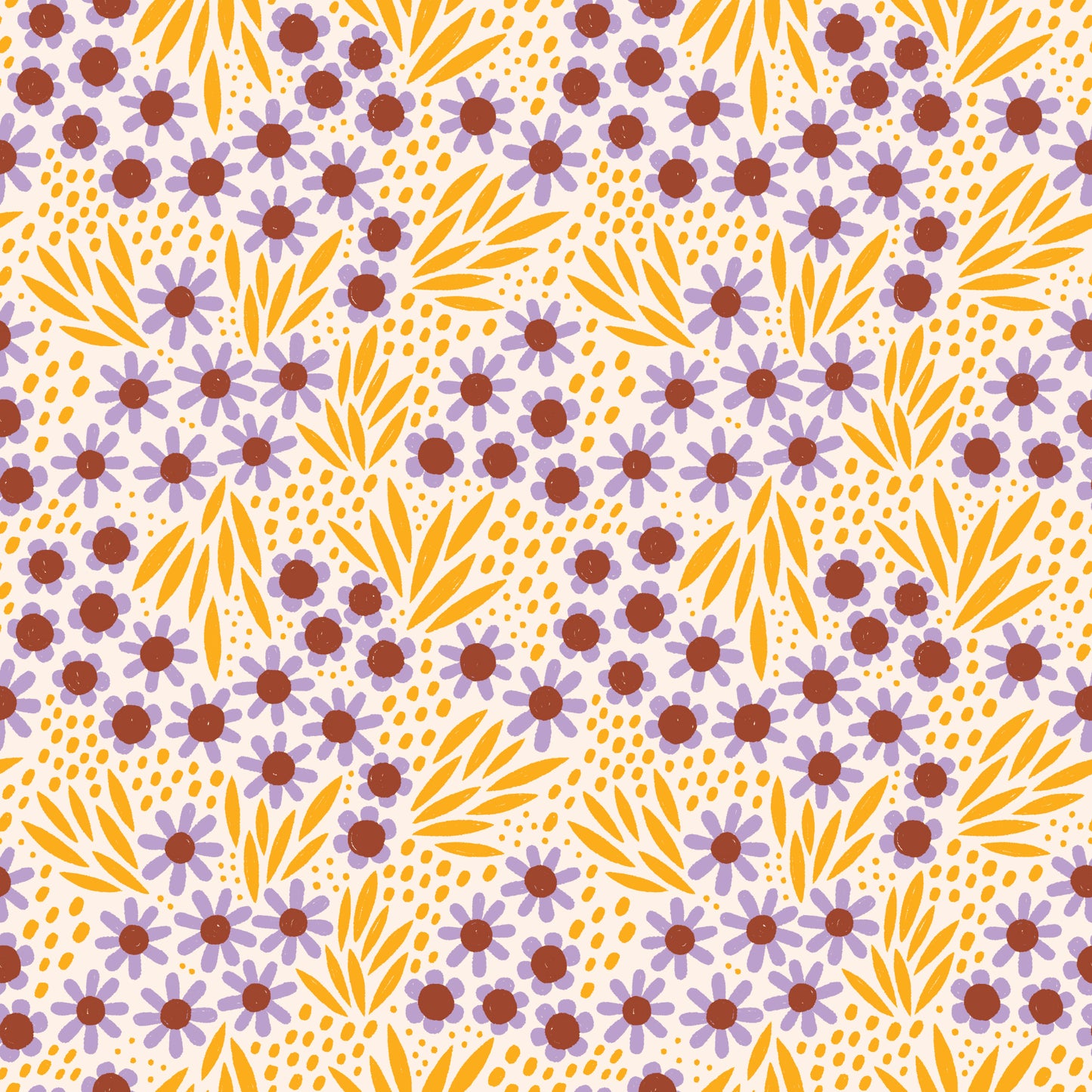 100% organic cotton fabric Pattern of small flowers and leaves in purple, orange, and brown on a white background 