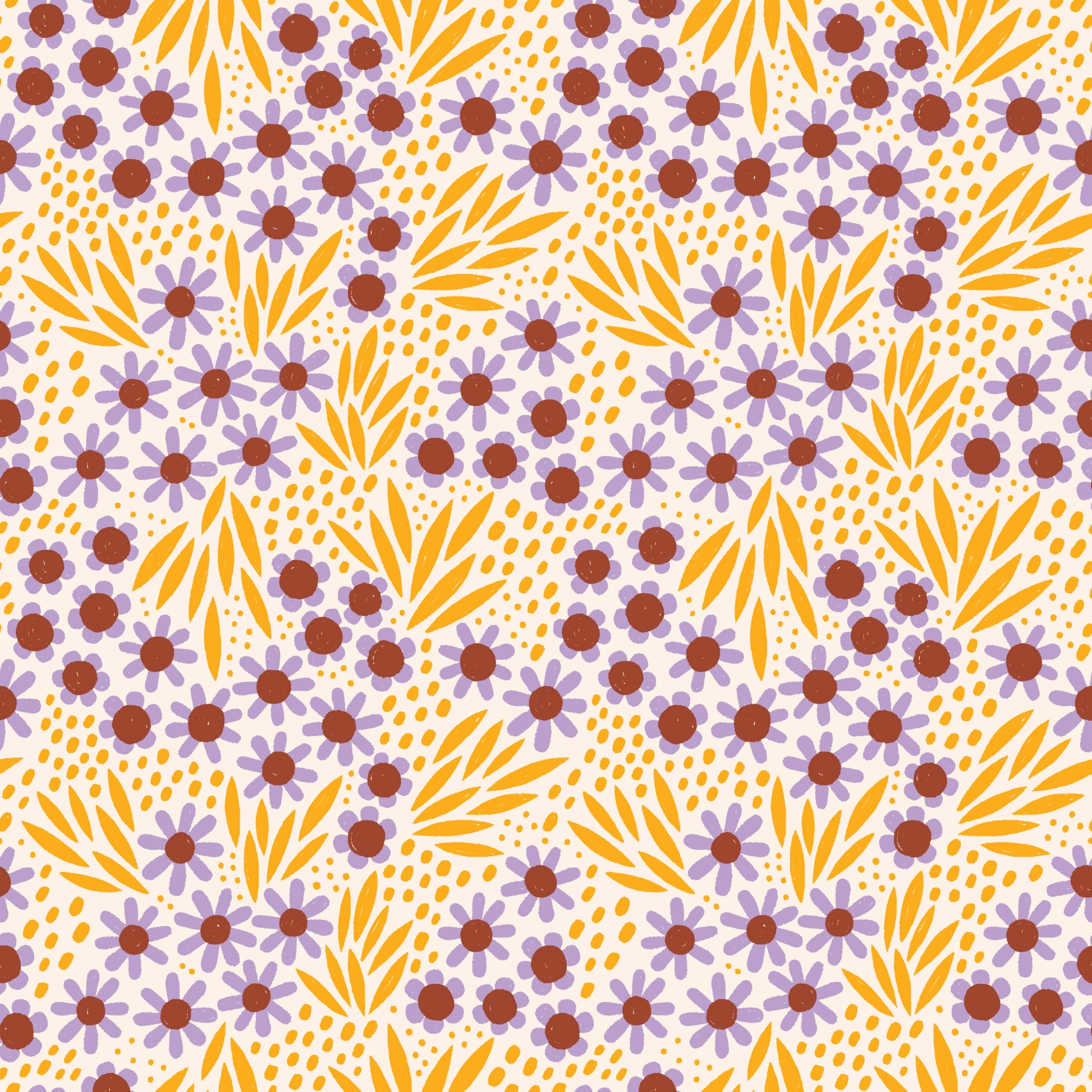 100% organic cotton fabric Pattern of small flowers and leaves in purple, orange, and brown on a white background 