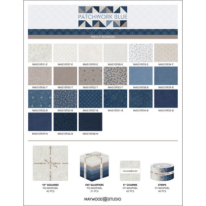 The Patchwork Blue fabric collection by Maywood Studio blends vintage quilt charm with a modern, scrappy aesthetic. It features a warm, "well-loved quilt" look combining soft florals, indigo hues, and graphic geometric prints. The Color Palette has calming shades of faded blues, navies, tans, and creams.