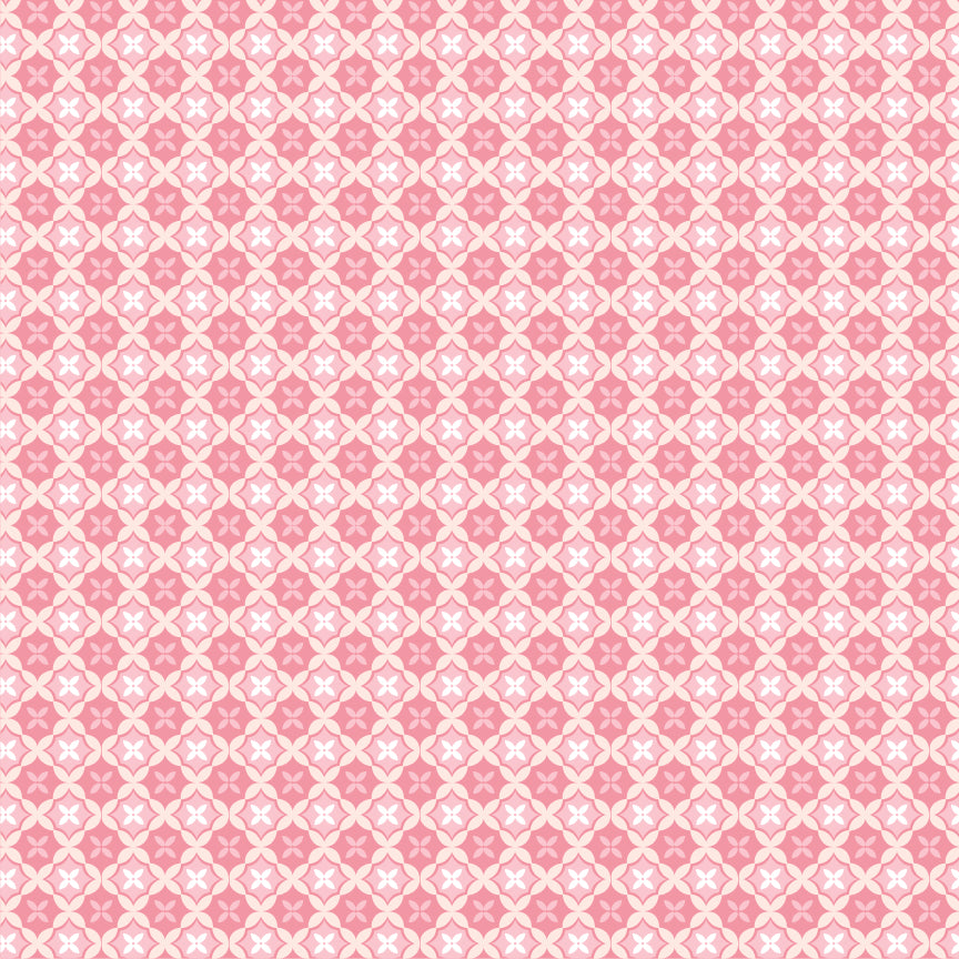 Fabric Pattern Aussie Quilt Pink: A unique, structured pattern that resembles traditional quilting techniques from collection Le Petit Escargot by Lori Woods for Poppie Cotton which is a storybook-themed collection featuring a charming, romantic aesthetic with soft florals, whimsical snails, and delicate geometric prints in shades of pink, teal, blue, lilac, green, and grey. The collection consists of 7 main designs across 3 colorways, including a "cheater panel".