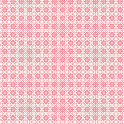 Fabric Pattern Aussie Quilt Pink: A unique, structured pattern that resembles traditional quilting techniques from collection Le Petit Escargot by Lori Woods for Poppie Cotton which is a storybook-themed collection featuring a charming, romantic aesthetic with soft florals, whimsical snails, and delicate geometric prints in shades of pink, teal, blue, lilac, green, and grey. The collection consists of 7 main designs across 3 colorways, including a "cheater panel".