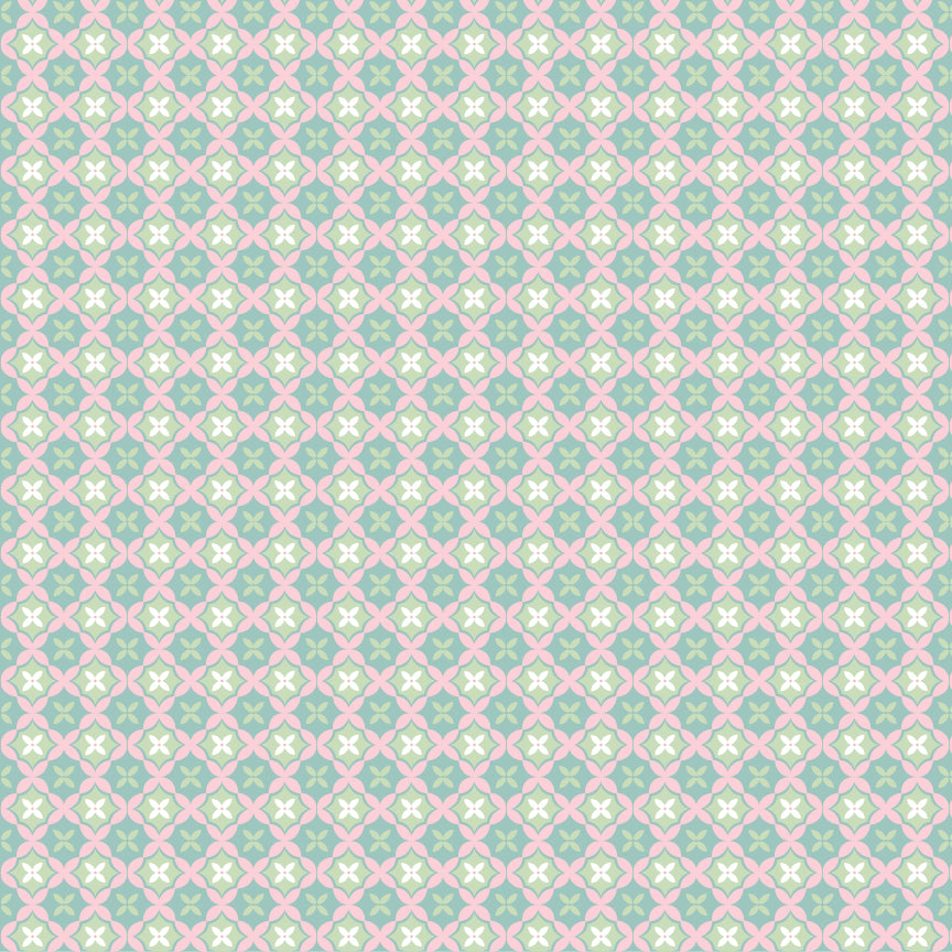Fabric Pattern Aussie Quilt teal: A unique, structured pattern that resembles traditional quilting techniques from collection Le Petit Escargot by Lori Woods for Poppie Cotton which is a storybook-themed collection featuring a charming, romantic aesthetic with soft florals, whimsical snails, and delicate geometric prints in shades of pink, teal, blue, lilac, green, and grey. The collection consists of 7 main designs across 3 colorways, including a "cheater panel".