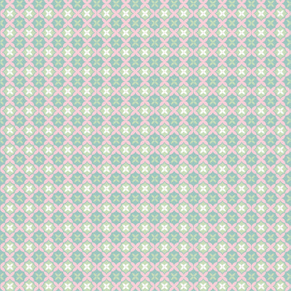 Fabric Pattern Aussie Quilt teal: A unique, structured pattern that resembles traditional quilting techniques from collection Le Petit Escargot by Lori Woods for Poppie Cotton which is a storybook-themed collection featuring a charming, romantic aesthetic with soft florals, whimsical snails, and delicate geometric prints in shades of pink, teal, blue, lilac, green, and grey. The collection consists of 7 main designs across 3 colorways, including a "cheater panel".