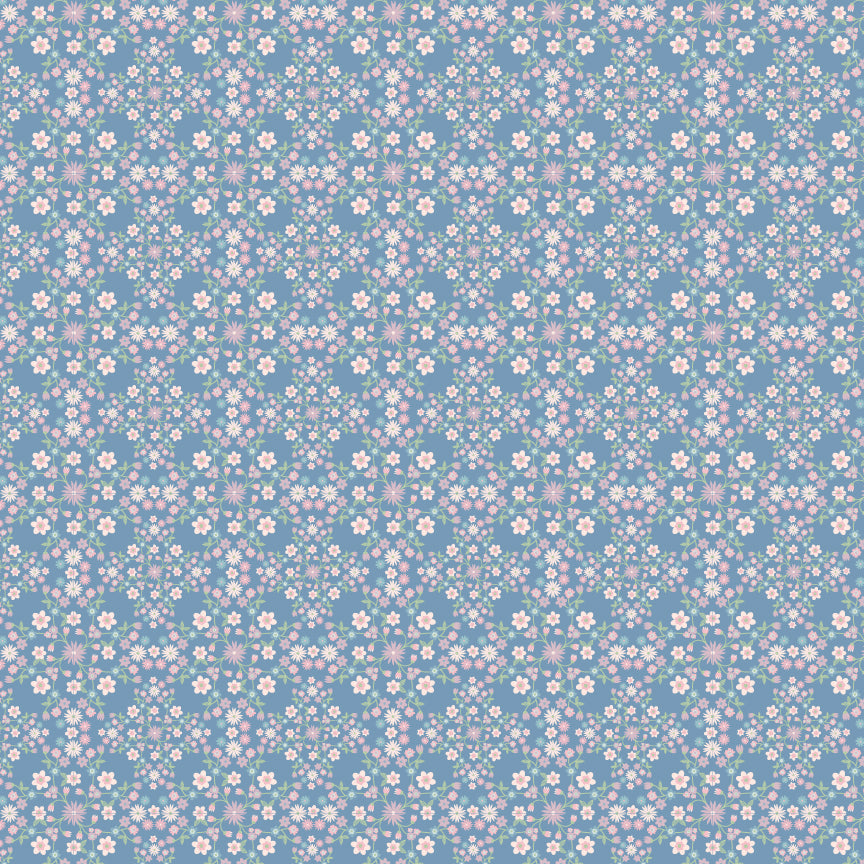Fabric Pattern Blooms & Vines Blue: Features intricate, delicate vining, and small flowers, adding a romantic, garden-like texture from collection Le Petit Escargot by Lori Woods for Poppie Cotton which is a storybook-themed collection featuring a charming, romantic aesthetic with soft florals, whimsical snails, and delicate geometric prints in shades of pink, teal, blue, lilac, green, and grey. The collection consists of 7 main designs across 3 colorways, including a "cheater panel".