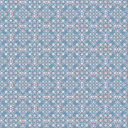 Fabric Pattern Blooms & Vines Blue: Features intricate, delicate vining, and small flowers, adding a romantic, garden-like texture from collection Le Petit Escargot by Lori Woods for Poppie Cotton which is a storybook-themed collection featuring a charming, romantic aesthetic with soft florals, whimsical snails, and delicate geometric prints in shades of pink, teal, blue, lilac, green, and grey. The collection consists of 7 main designs across 3 colorways, including a "cheater panel".