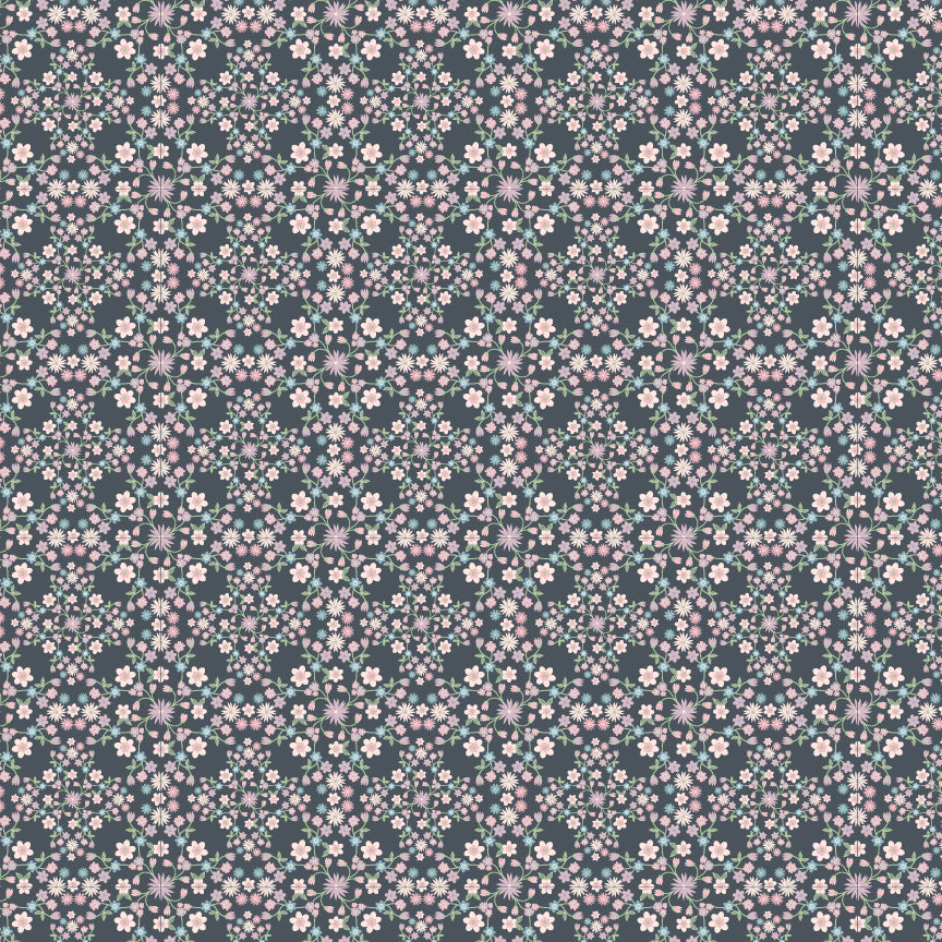 Fabric Pattern Blooms & Vines grey: Features intricate, delicate vining, and small flowers, adding a romantic, garden-like texture from collection Le Petit Escargot by Lori Woods for Poppie Cotton which is a storybook-themed collection featuring a charming, romantic aesthetic with soft florals, whimsical snails, and delicate geometric prints in shades of pink, teal, blue, lilac, green, and grey. The collection consists of 7 main designs across 3 colorways, including a "cheater panel".