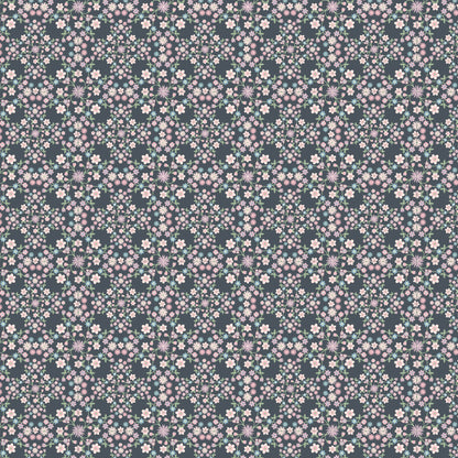 Fabric Pattern Blooms & Vines grey: Features intricate, delicate vining, and small flowers, adding a romantic, garden-like texture from collection Le Petit Escargot by Lori Woods for Poppie Cotton which is a storybook-themed collection featuring a charming, romantic aesthetic with soft florals, whimsical snails, and delicate geometric prints in shades of pink, teal, blue, lilac, green, and grey. The collection consists of 7 main designs across 3 colorways, including a "cheater panel".