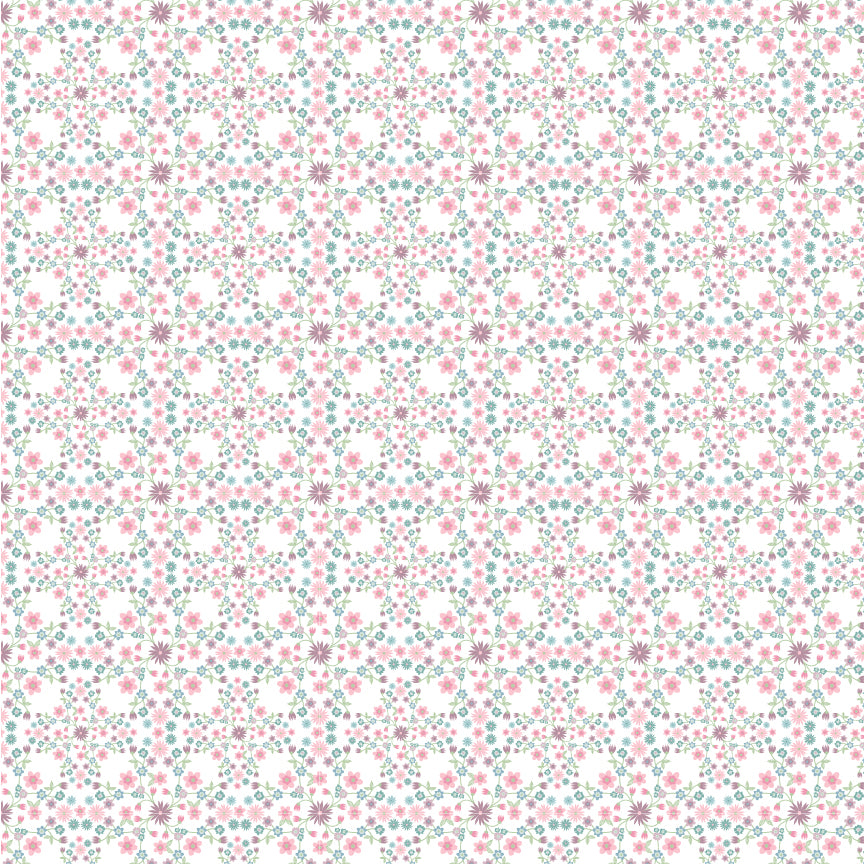 Fabric Pattern Blooms & Vines white: Features intricate, delicate vining, and small flowers, adding a romantic, garden-like texture from collection Le Petit Escargot by Lori Woods for Poppie Cotton which is a storybook-themed collection featuring a charming, romantic aesthetic with soft florals, whimsical snails, and delicate geometric prints in shades of pink, teal, blue, lilac, green, and grey. The collection consists of 7 main designs across 3 colorways, including a "cheater panel".