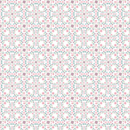 Fabric Pattern Blooms & Vines white: Features intricate, delicate vining, and small flowers, adding a romantic, garden-like texture from collection Le Petit Escargot by Lori Woods for Poppie Cotton which is a storybook-themed collection featuring a charming, romantic aesthetic with soft florals, whimsical snails, and delicate geometric prints in shades of pink, teal, blue, lilac, green, and grey. The collection consists of 7 main designs across 3 colorways, including a "cheater panel".