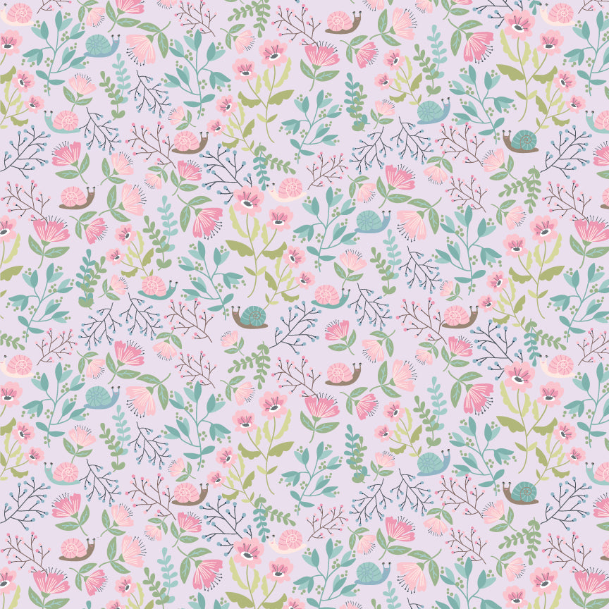 Pattern Hiding Out lavender: A charming, smaller-scale design inspired by nature and the subtle, quiet moments in a garden from collection Le Petit Escargot by Lori Woods for Poppie Cotton which is a storybook-themed collection featuring a charming, romantic aesthetic with soft florals, whimsical snails, and delicate geometric prints in shades of pink, teal, blue, lilac, green, and grey. The collection consists of 7 main designs across 3 colorways, including a "cheater panel".