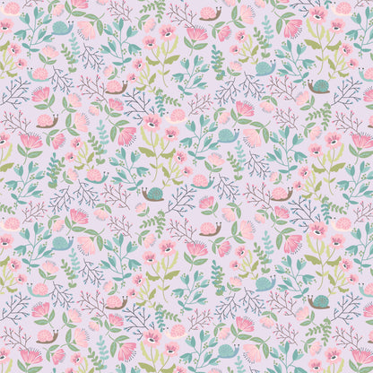 Pattern Hiding Out lavender: A charming, smaller-scale design inspired by nature and the subtle, quiet moments in a garden from collection Le Petit Escargot by Lori Woods for Poppie Cotton which is a storybook-themed collection featuring a charming, romantic aesthetic with soft florals, whimsical snails, and delicate geometric prints in shades of pink, teal, blue, lilac, green, and grey. The collection consists of 7 main designs across 3 colorways, including a "cheater panel".