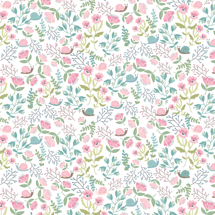 Pattern Hiding Out white: A charming, smaller-scale design inspired by nature and the subtle, quiet moments in a garden from collection Le Petit Escargot by Lori Woods for Poppie Cotton which is a storybook-themed collection featuring a charming, romantic aesthetic with soft florals, whimsical snails, and delicate geometric prints in shades of pink, teal, blue, lilac, green, and grey. The collection consists of 7 main designs across 3 colorways, including a "cheater panel".