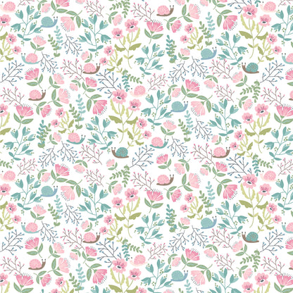 Pattern Hiding Out white: A charming, smaller-scale design inspired by nature and the subtle, quiet moments in a garden from collection Le Petit Escargot by Lori Woods for Poppie Cotton which is a storybook-themed collection featuring a charming, romantic aesthetic with soft florals, whimsical snails, and delicate geometric prints in shades of pink, teal, blue, lilac, green, and grey. The collection consists of 7 main designs across 3 colorways, including a "cheater panel".