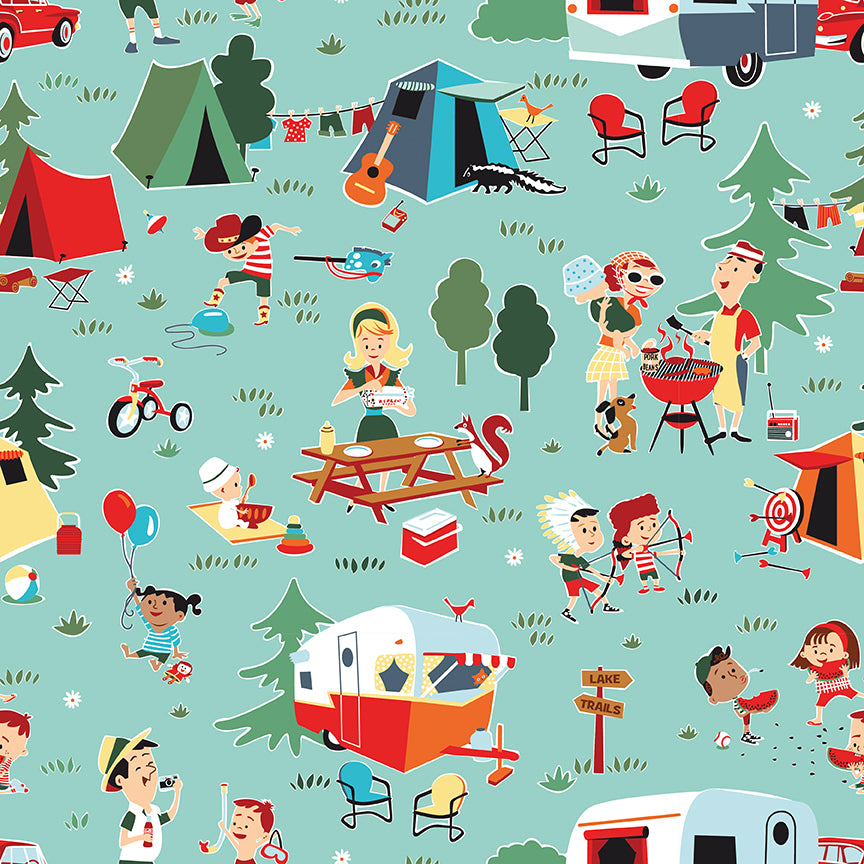 pattern Main Aqua from The Happy Haven fabric collection, designed by Shawn Wallace for Riley Blake Designs, captures the warmth, wonder, and nostalgia of carefree childhood days spent in nature. Inspired by campfires, lake days, and starry skies, it features a cozy, earthy, and classic color palette of warm greens, reds, aquas, browns, and whites.