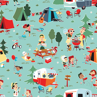 pattern Main Aqua from The Happy Haven fabric collection, designed by Shawn Wallace for Riley Blake Designs, captures the warmth, wonder, and nostalgia of carefree childhood days spent in nature. Inspired by campfires, lake days, and starry skies, it features a cozy, earthy, and classic color palette of warm greens, reds, aquas, browns, and whites.