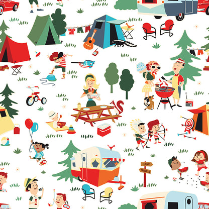 pattern Main white from The Happy Haven fabric collection, designed by Shawn Wallace for Riley Blake Designs, captures the warmth, wonder, and nostalgia of carefree childhood days spent in nature. Inspired by campfires, lake days, and starry skies, it features a cozy, earthy, and classic color palette of warm greens, reds, aquas, browns, and whites.