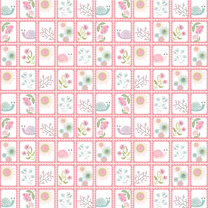 Pattern Snail Mail white Features a playful, whimsical snail crawling amidst small floral motifs, evoking a sense of slow  charm from collection Le Petit Escargot by Lori Woods for Poppie Cotton which is a storybook-themed collection featuring a charming, romantic aesthetic with soft florals, whimsical snails, and delicate geometric prints in shades of pink, teal, blue, lilac, green, and grey. The collection consists of 7 main designs across 3 colorways, including a "cheater panel".