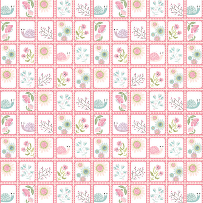 Pattern Snail Mail white Features a playful, whimsical snail crawling amidst small floral motifs, evoking a sense of slow  charm from collection Le Petit Escargot by Lori Woods for Poppie Cotton which is a storybook-themed collection featuring a charming, romantic aesthetic with soft florals, whimsical snails, and delicate geometric prints in shades of pink, teal, blue, lilac, green, and grey. The collection consists of 7 main designs across 3 colorways, including a "cheater panel".