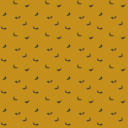Pattern from the fabric collection The Apothecary, the one shown is Batwings (backgrounds in Cream, Gold, Marmalade): A whimsical, repetitive pattern featuring bat wing shapes. Designed by Amber Elliot of Alderwood Studio for Riley Blake Designs, is a whimsical, "witchy" fall collection inspired by vintage apothecary shops.