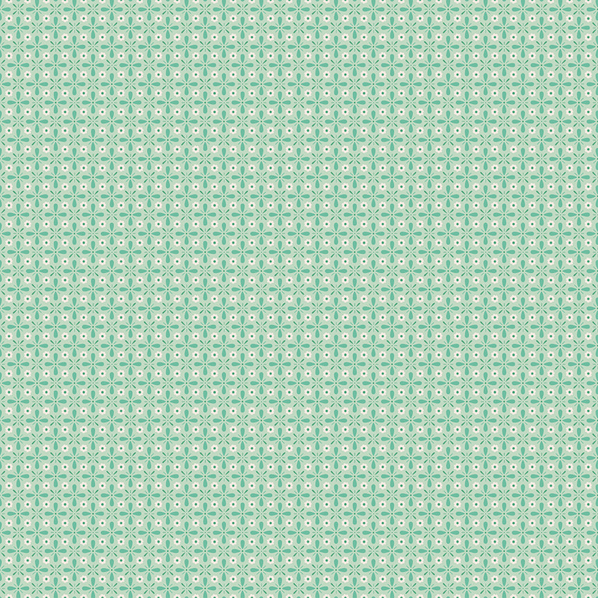 Image shows pattern  Vintage Sage: An allover print of tiny blossoms that creates a soft, textured look (like lace from a distance) on a soft sage background. Fabric patterns are from The Berry & Sage fabric collection by Lori Holt for Riley Blake Designs which is a vintage-inspired line  characterized by a color palette of coral, tea rose, cherry, alpine, latte, and sage.