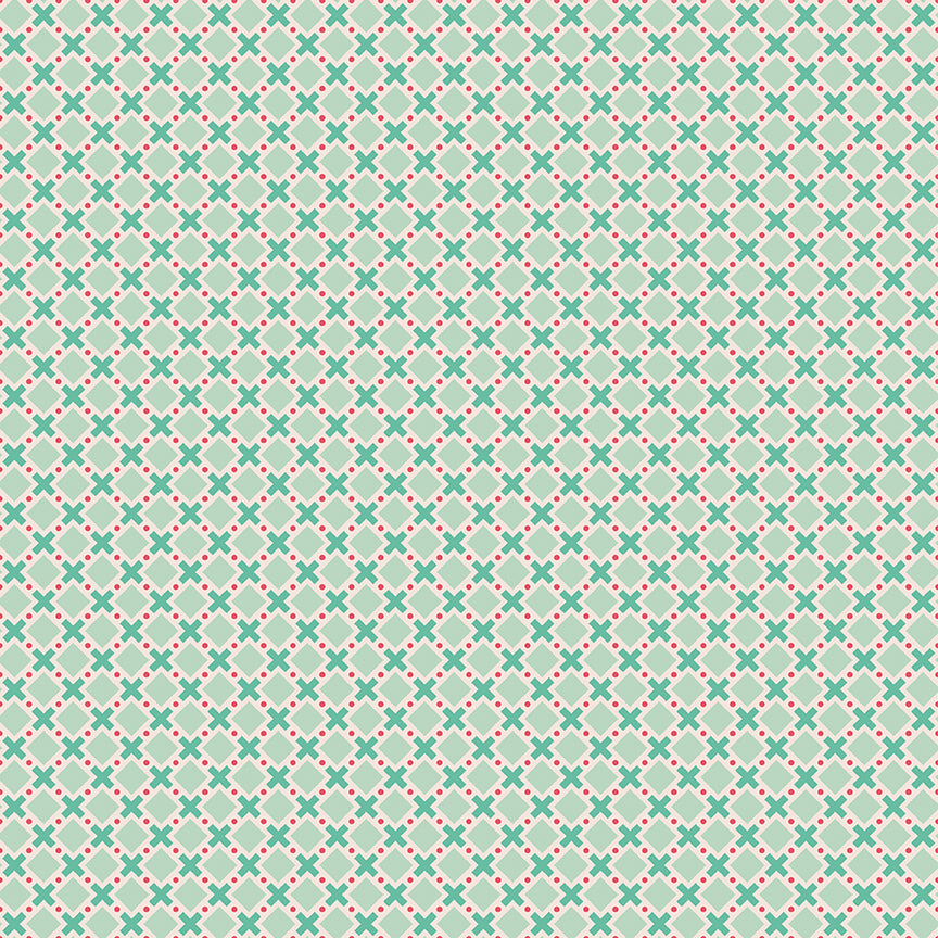 patterns Criss Cross (Sage): A classic geometric design featuring overlapping lines or a subtle grid. Fabric patterns are from The Berry & Sage fabric collection by Lori Holt for Riley Blake Designs which is a vintage-inspired line  characterized by a color palette of coral, tea rose, cherry, alpine, latte, and sage. The collection features a mix of delicate florals, calicos, geometrics, and plaids.