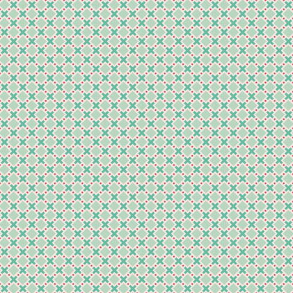 patterns Criss Cross (Sage): A classic geometric design featuring overlapping lines or a subtle grid. Fabric patterns are from The Berry & Sage fabric collection by Lori Holt for Riley Blake Designs which is a vintage-inspired line  characterized by a color palette of coral, tea rose, cherry, alpine, latte, and sage. The collection features a mix of delicate florals, calicos, geometrics, and plaids.