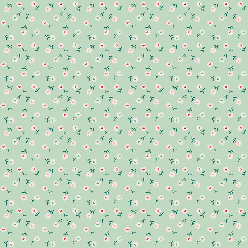 patterns Daisy Sage: A pattern focusing on small daisy-like flowers on a sage background.  Fabric patterns are from The Berry & Sage fabric collection by Lori Holt for Riley Blake Designs which is a vintage-inspired line  characterized by a color palette of coral, tea rose, cherry, alpine, latte, and sage.