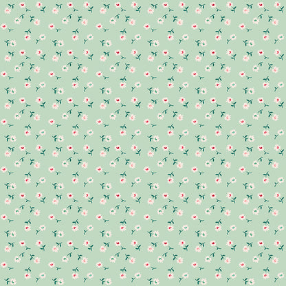 patterns Daisy Sage: A pattern focusing on small daisy-like flowers on a sage background.  Fabric patterns are from The Berry & Sage fabric collection by Lori Holt for Riley Blake Designs which is a vintage-inspired line  characterized by a color palette of coral, tea rose, cherry, alpine, latte, and sage.